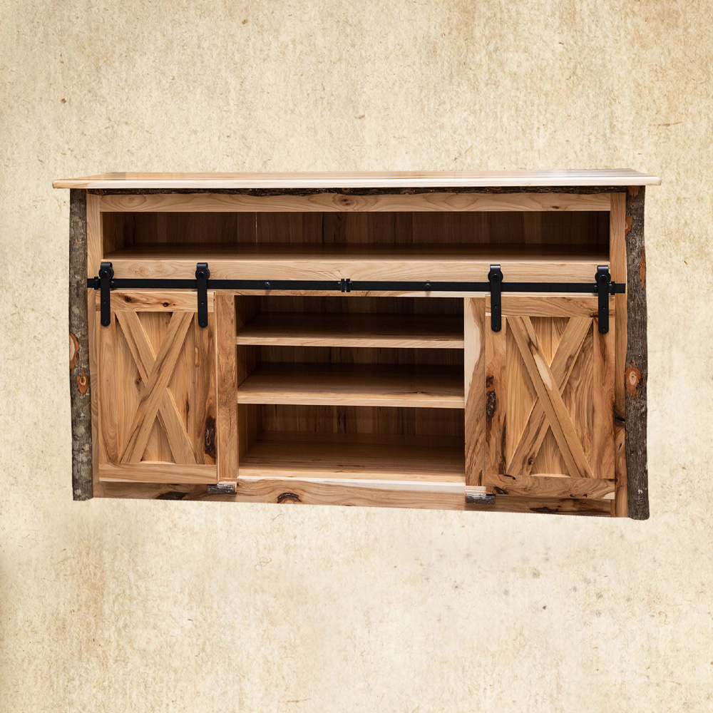 Hickory TV Stand with barn doors and log corners