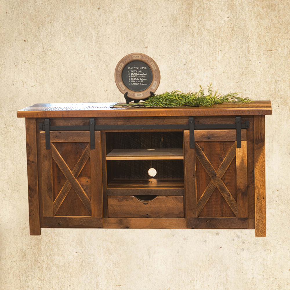 Reclaimed Wood TV Stand with Barn Doors, shelf and drawer