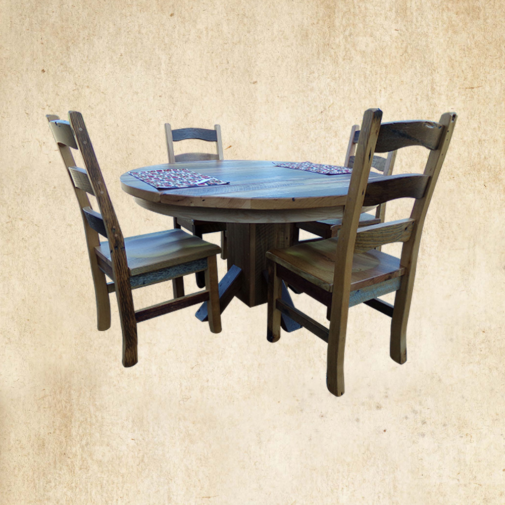 Reclaimed Table with Pedestal and frontier dining chair