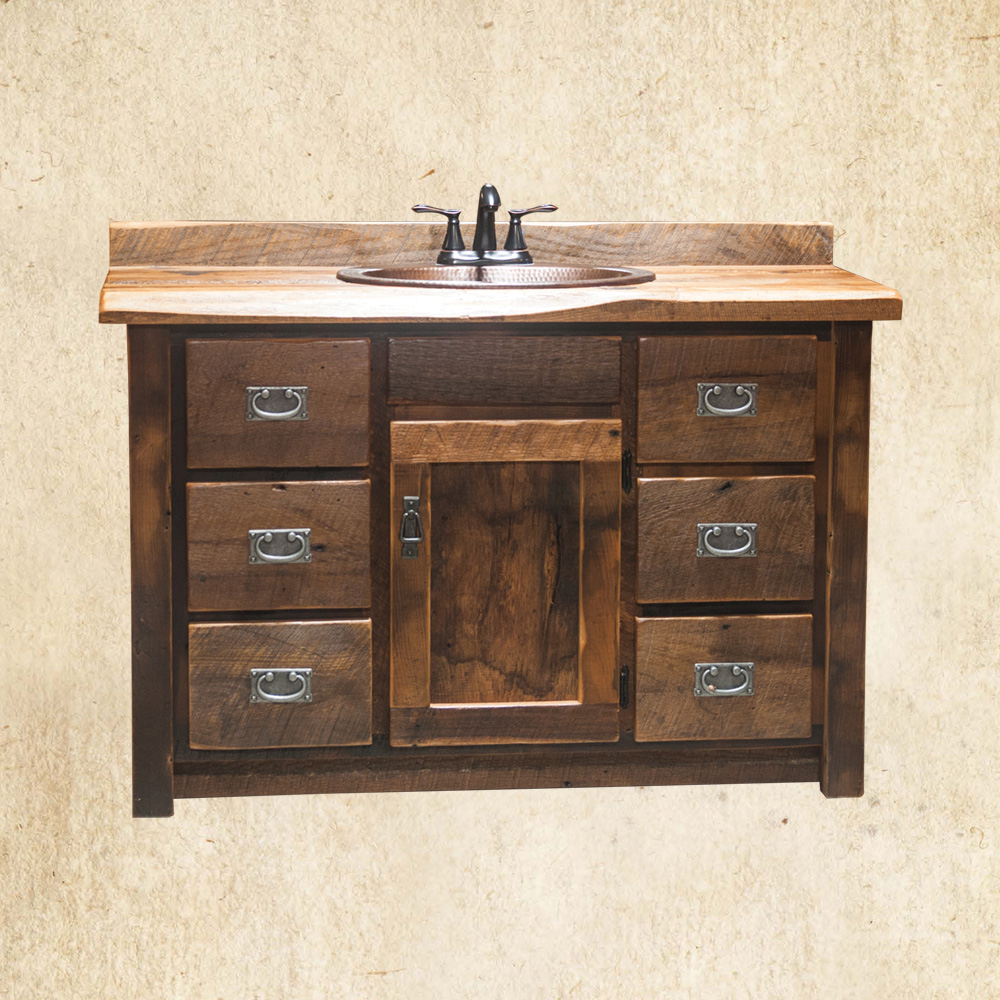 48" Reclaimed Wood Vanity with 6 drawers, 1 door and middle sink